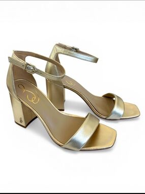 Sam Edelman Daniella Gold Block Heel Sandals Metallic Ankle Strap Size 6.5
